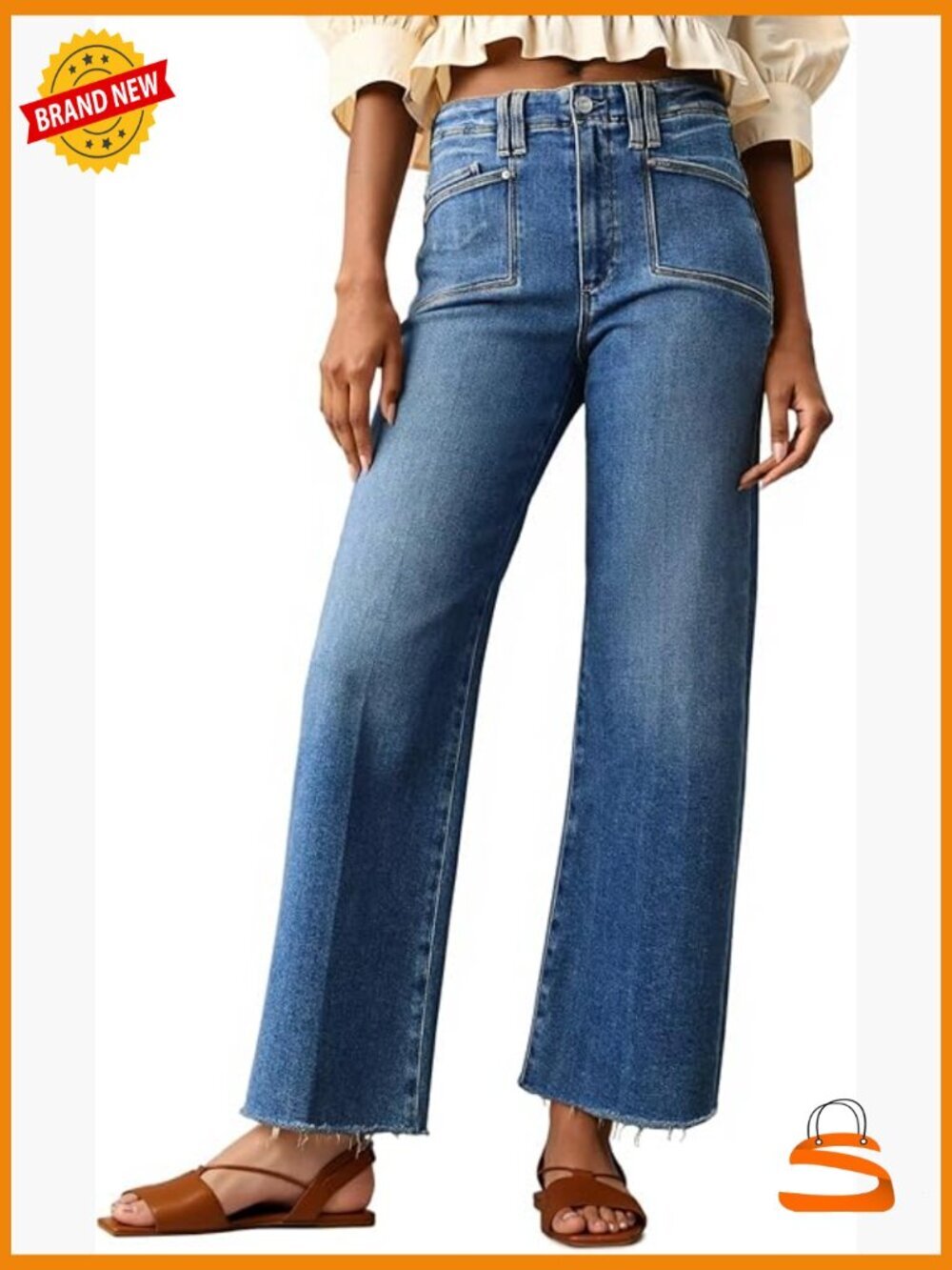 High Waisted Cropped Jeans Trendy Stretchy Baggy Straight Leg Raw Hem Capri